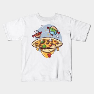 Spacecraft pizza with salami and spaceships earth and robot Kids T-Shirt